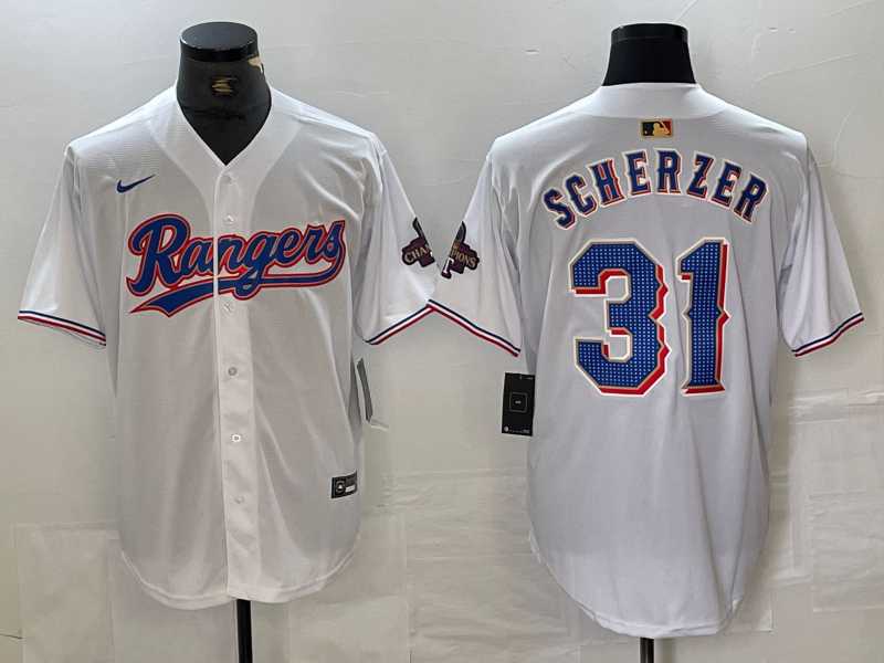 Men%27s Texas Rangers #31 Max Scherzer White 2023 World Series Champions Cool Base Jersey